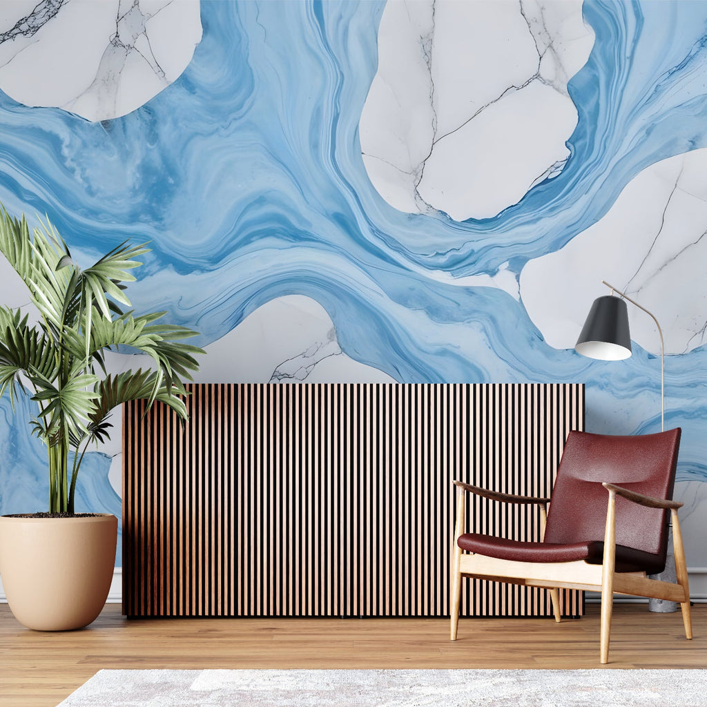 Blue and white marble wallpaper making statement in contemporary bathroom design