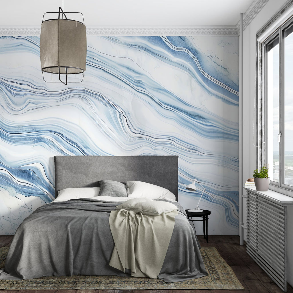 Master bathroom featuring blue and white marble effect wall mural adding spa-like luxury