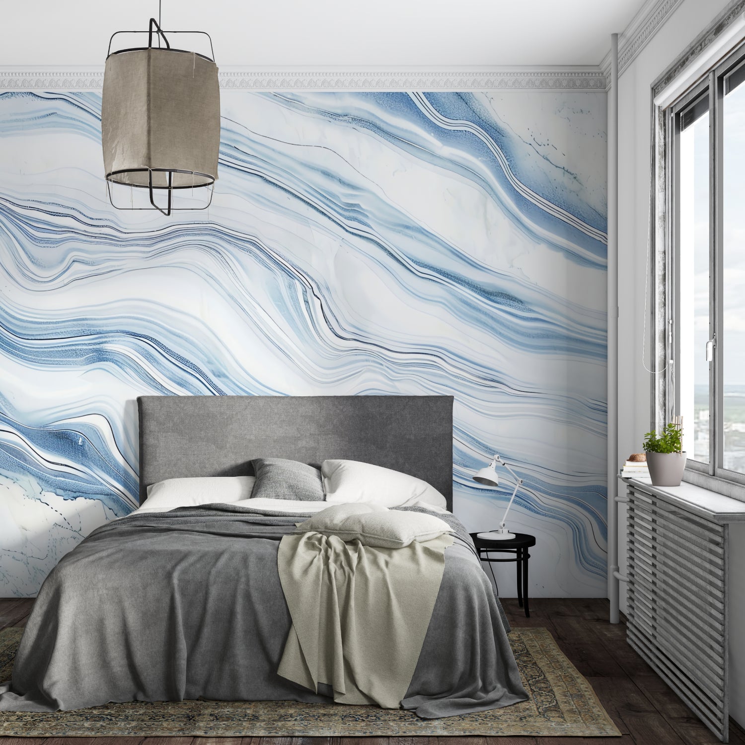 Master bathroom featuring blue and white marble effect wall mural adding spa-like luxury