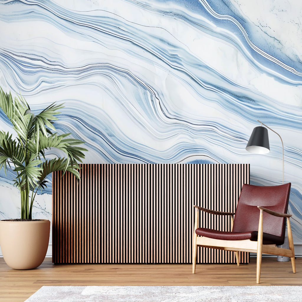 Home office space with flowing blue marble wallpaper design creating professional ambiance