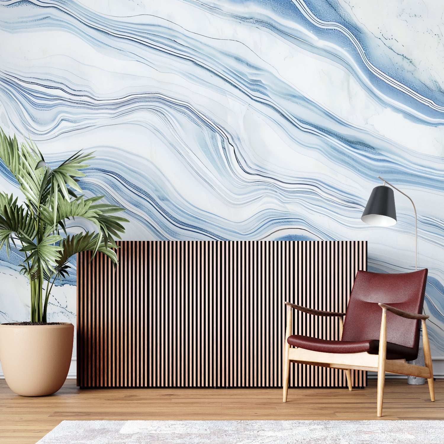 Home office space with flowing blue marble wallpaper design creating professional ambiance