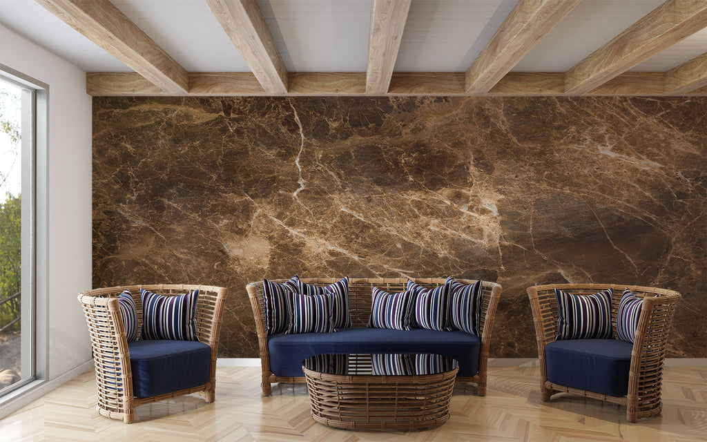 Natural stone effect wallpaper showcased in a home office with minimal decor