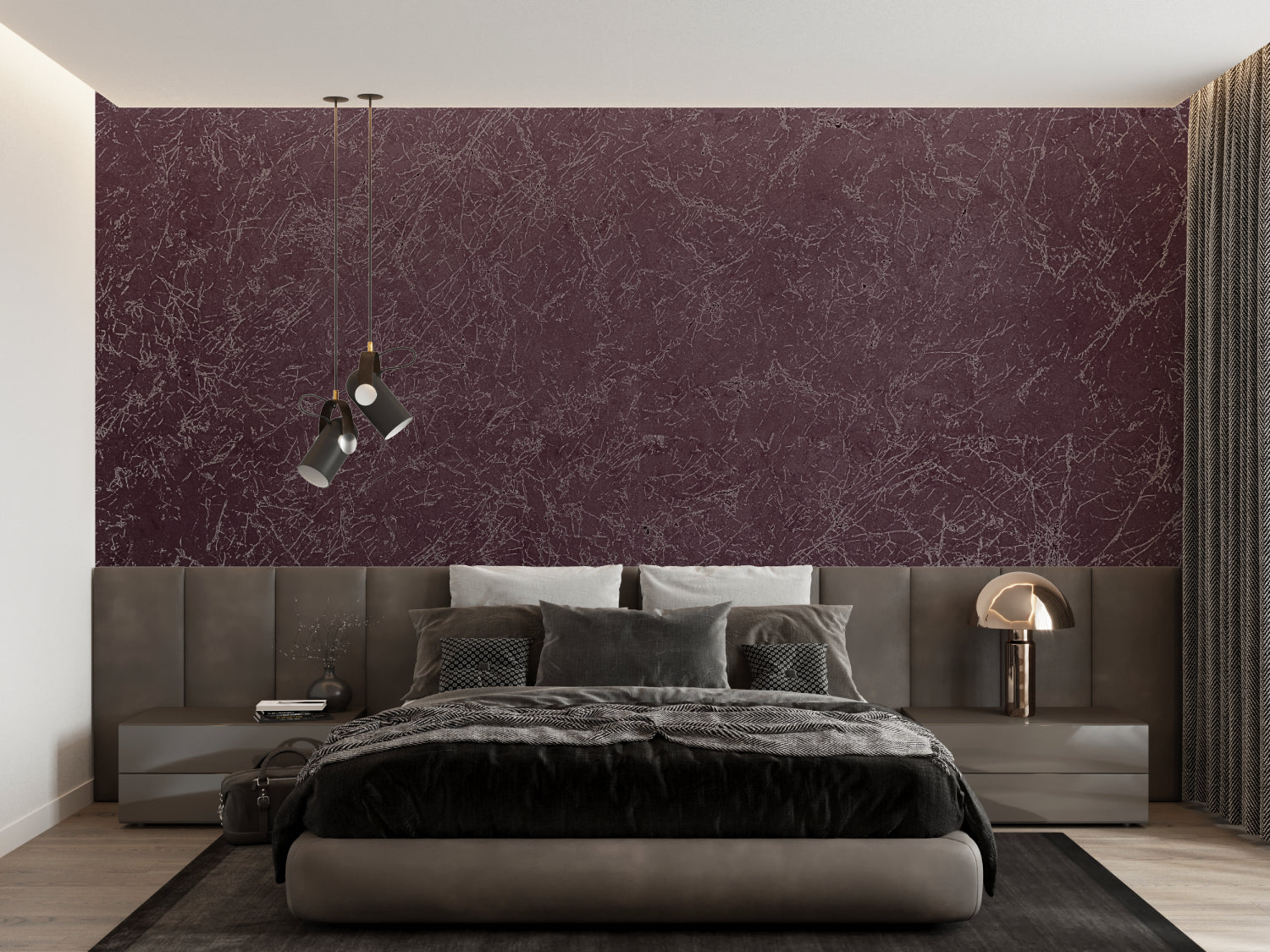 Living room showcasing burgundy marble wallpaper with gold furniture accents