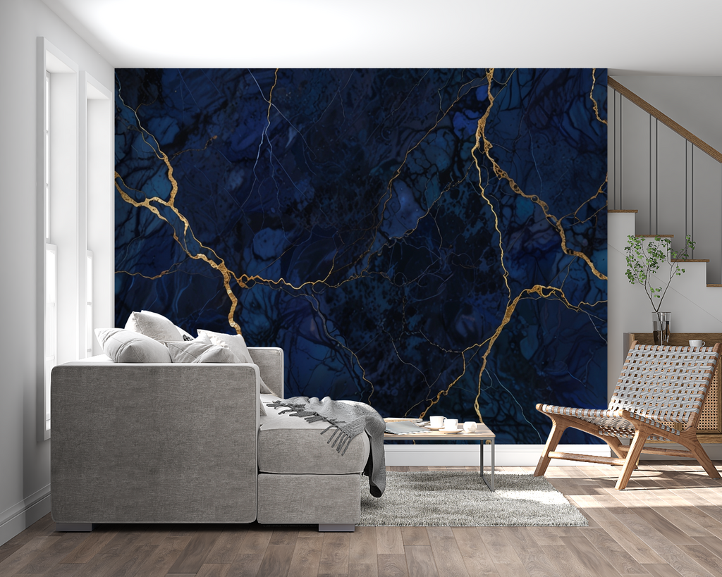 Gold veined blue marble wallpaper featured in luxury bathroom