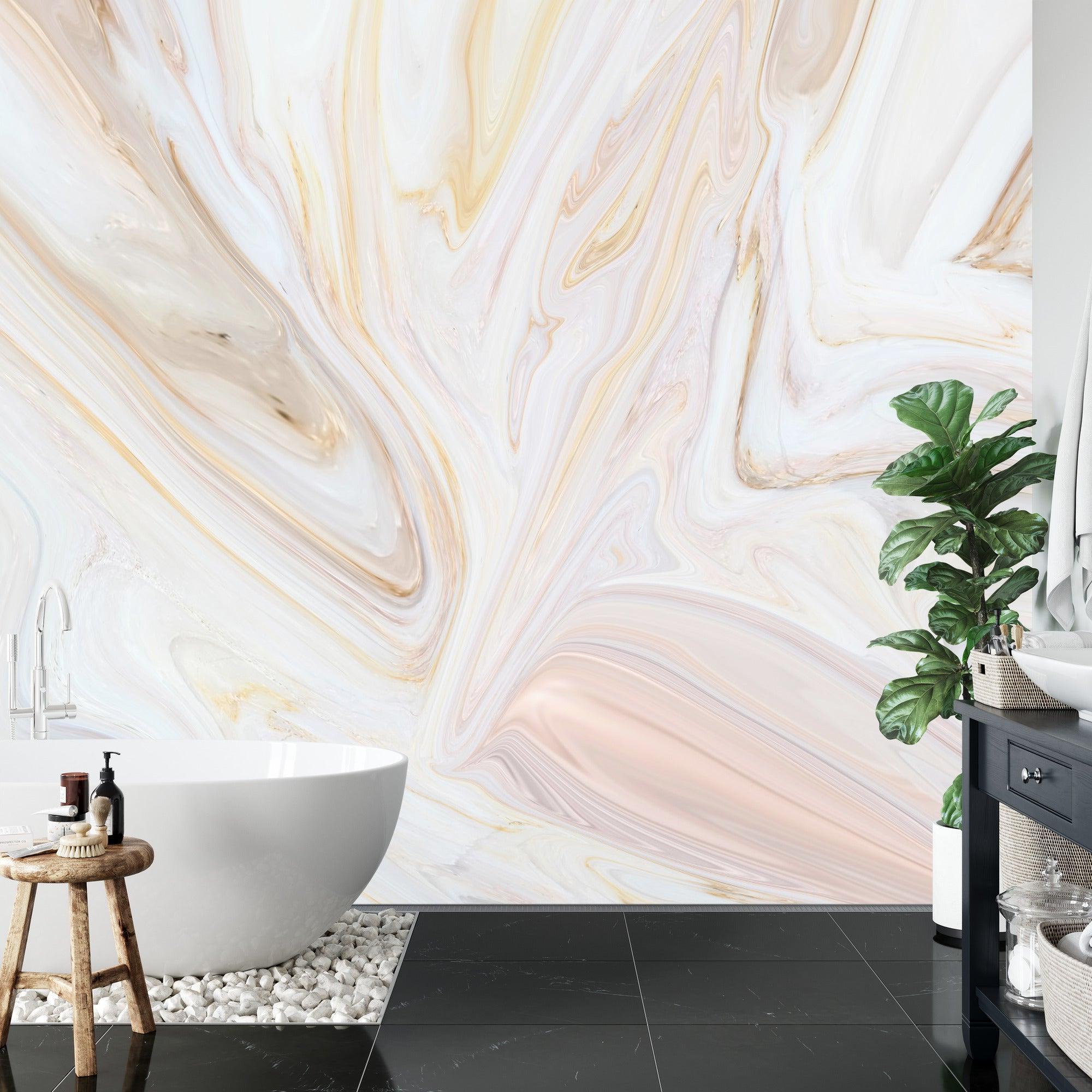 Beige marble wall mural in dining room showing the scale and flow of the design