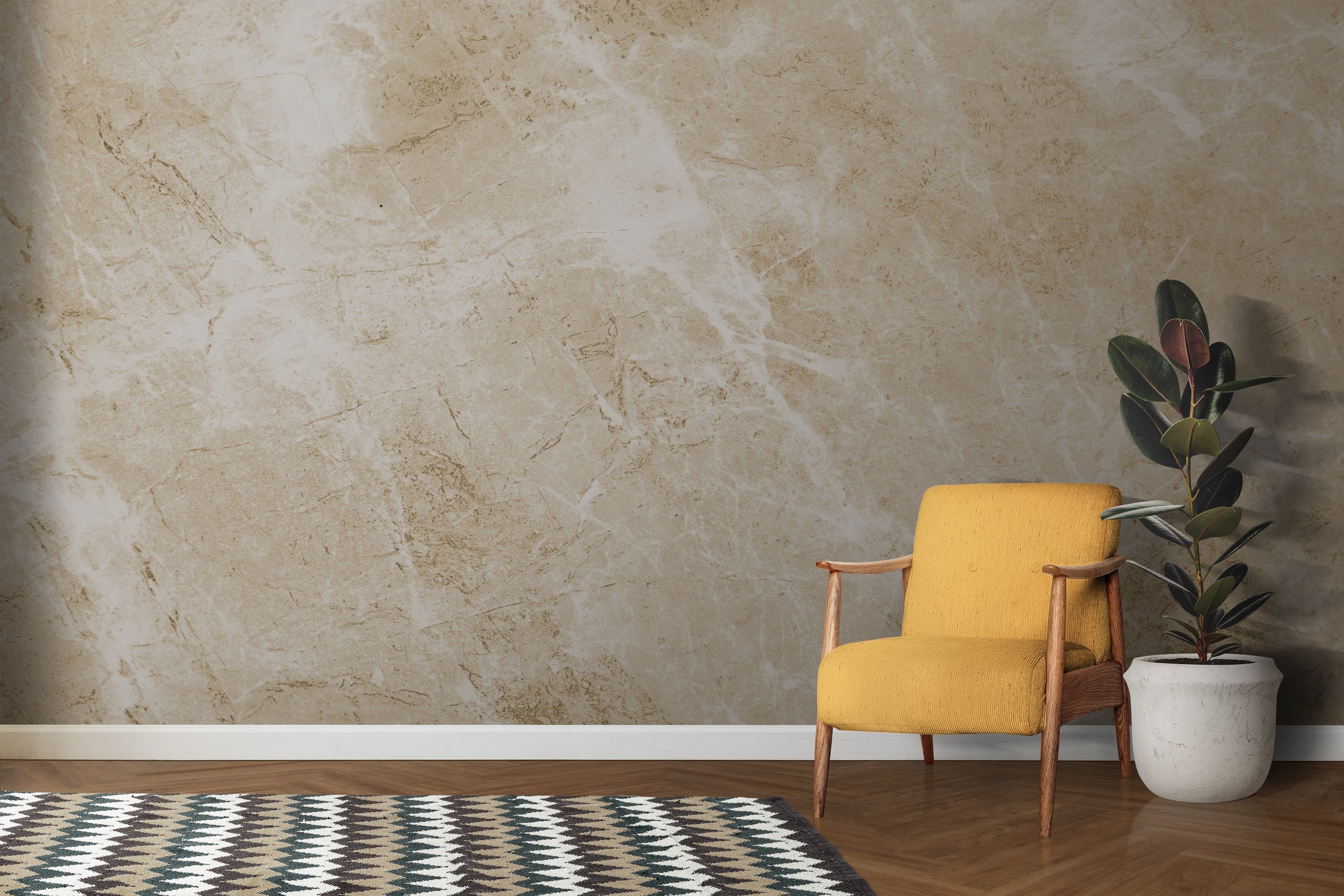 Stone effect wallpaper transforming dining room with elegant marble pattern