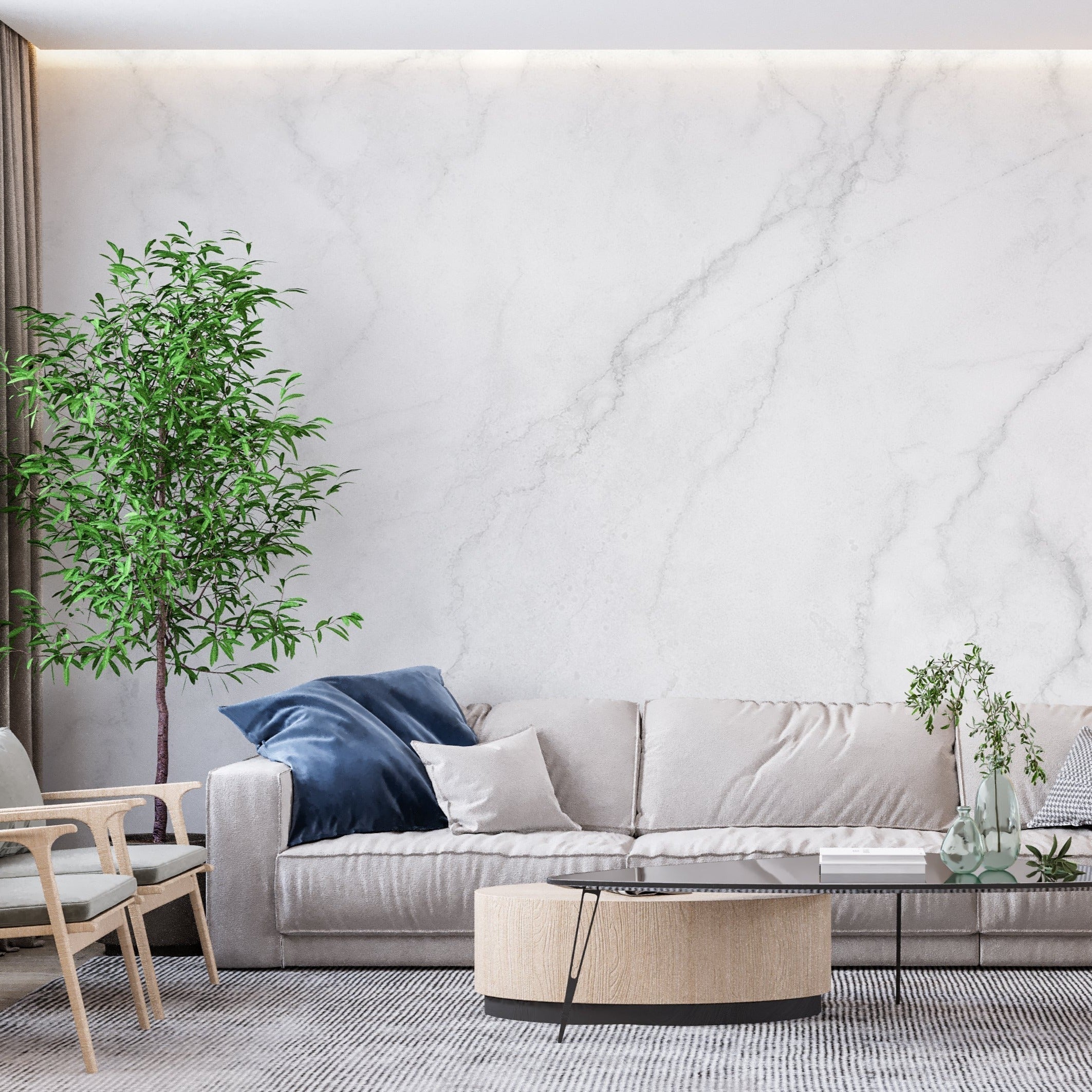 White marble wall mural in a bright bathroom setting with gold fixtures