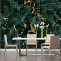 Luxury Marble Wallpaper in modern living room showing emerald green and gold abstract pattern