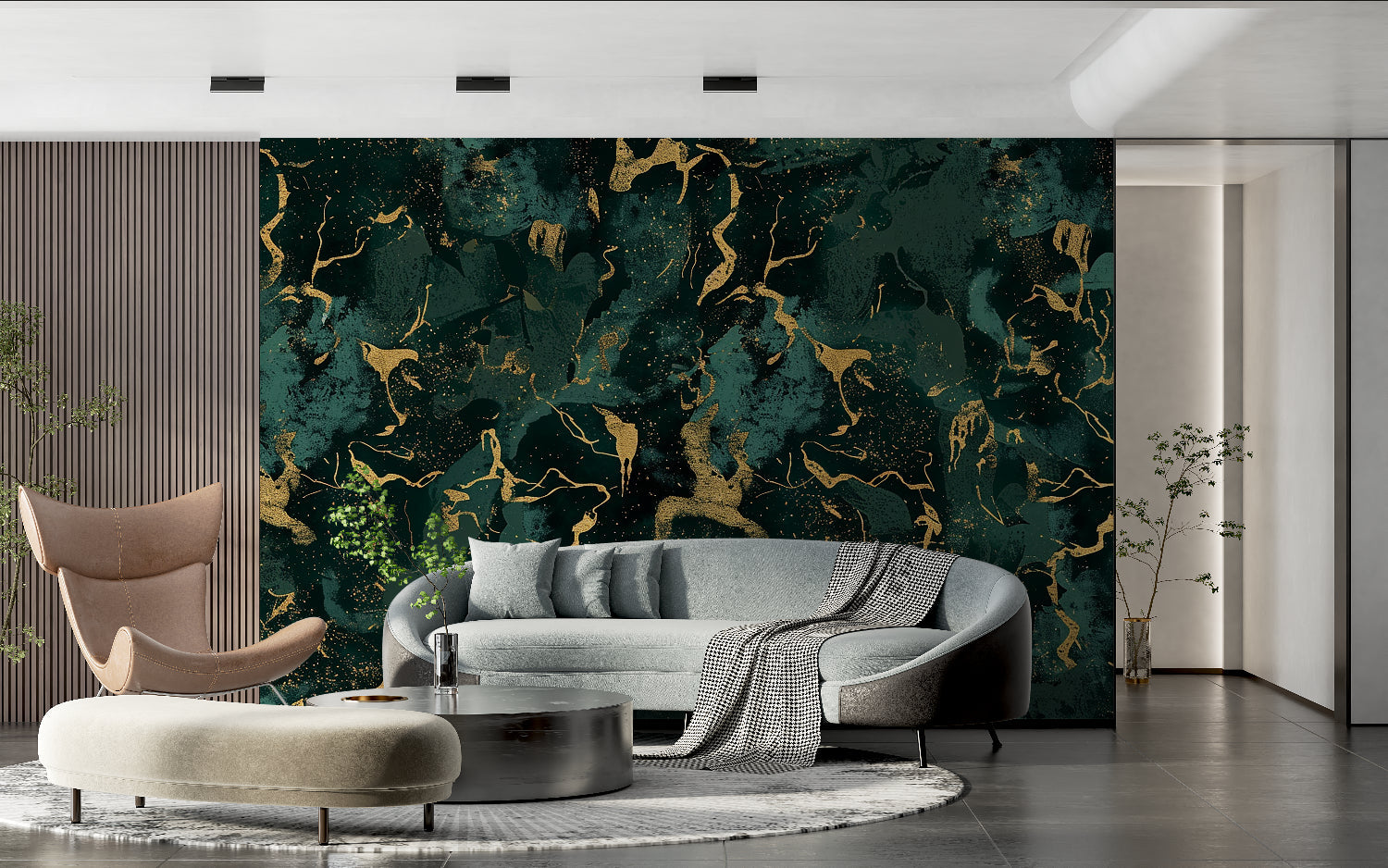 Emerald marble wall mural creating luxury atmosphere in home office