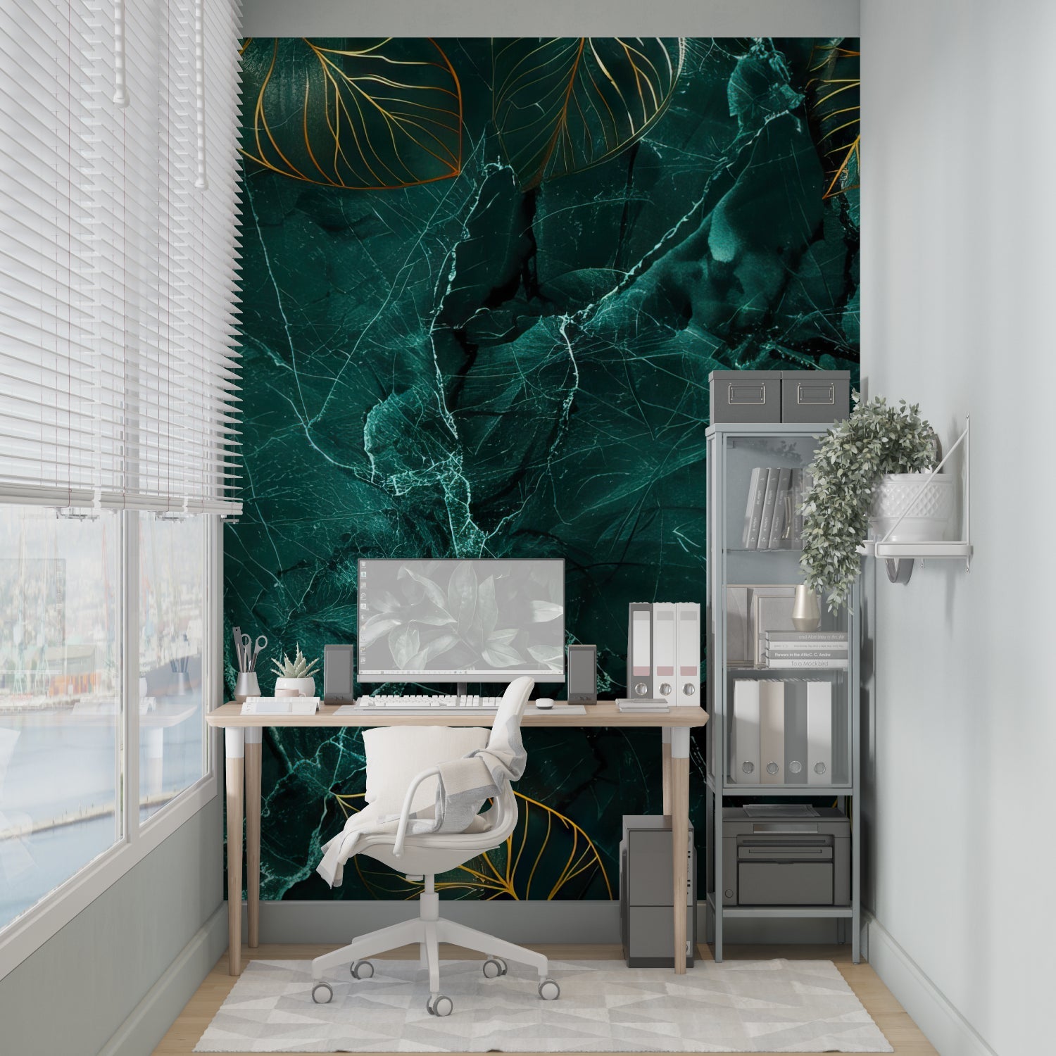 Luxury marble wall mural showcased in elegant dining room with gold accents