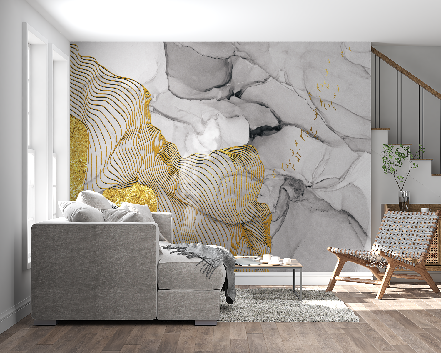 Modern office space featuring marble wave wallpaper with gold details