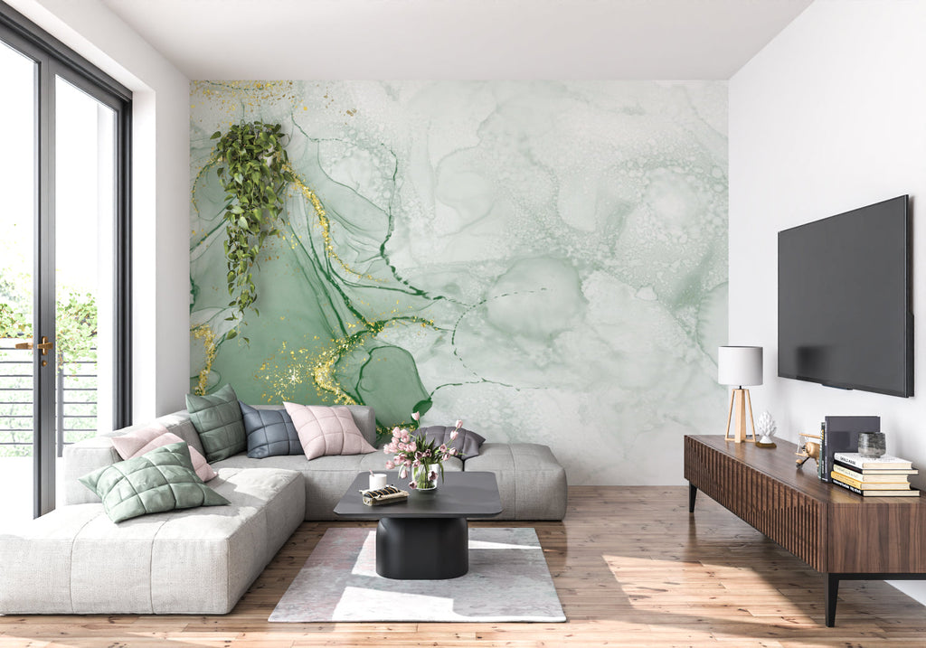 Bathroom showing green and gold marble wallpaper in natural light