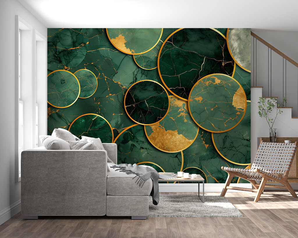 Home office space with green marble circular pattern wallpaper