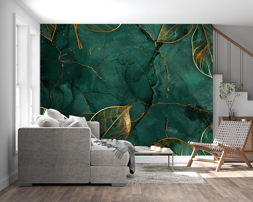 Luxury dining room featuring emerald marble wallpaper with gold leaf accents behind elegant furniture