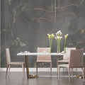 Grey and gold marble wallpaper in modern dining room with crystal chandelier