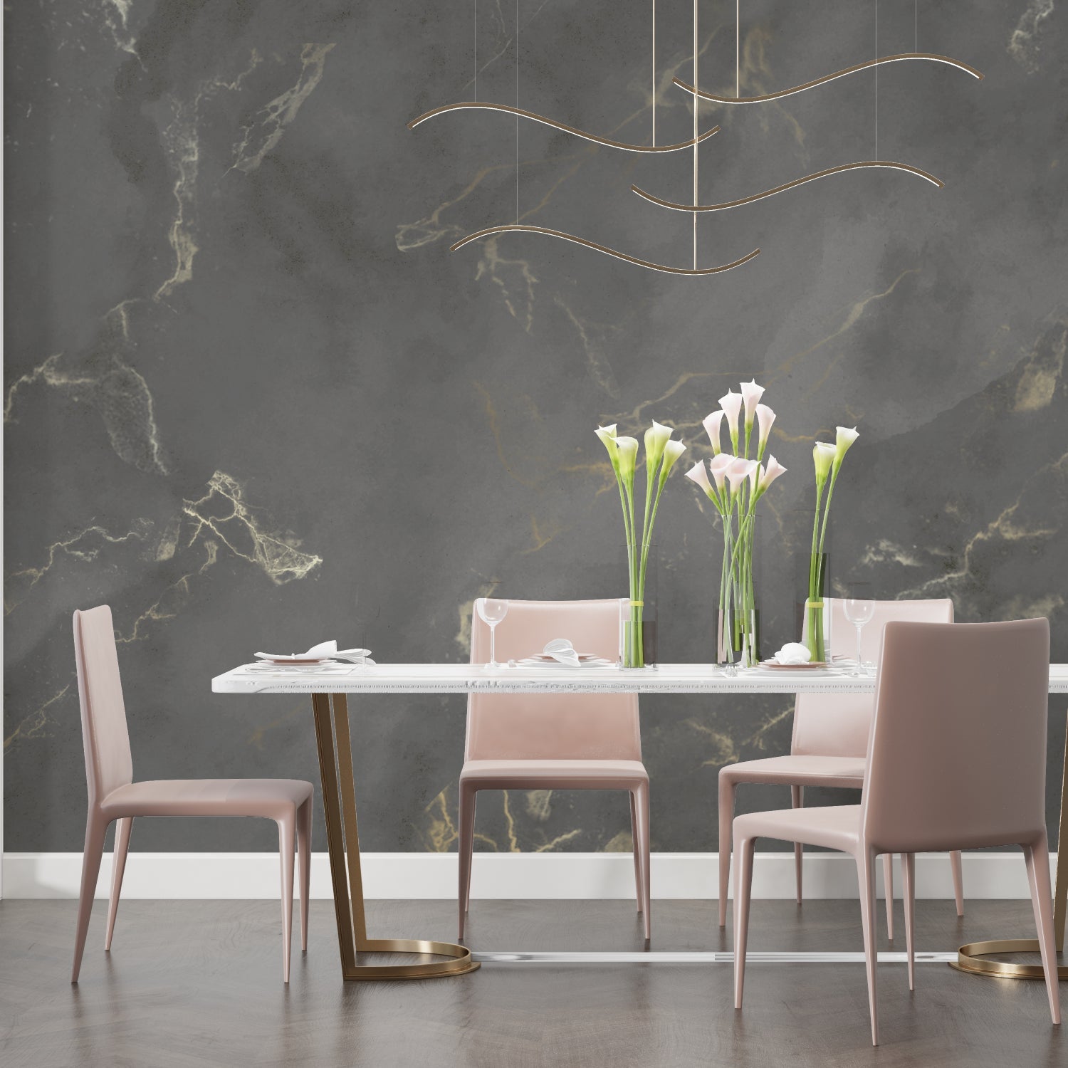 Grey and gold marble wallpaper in modern dining room with crystal chandelier