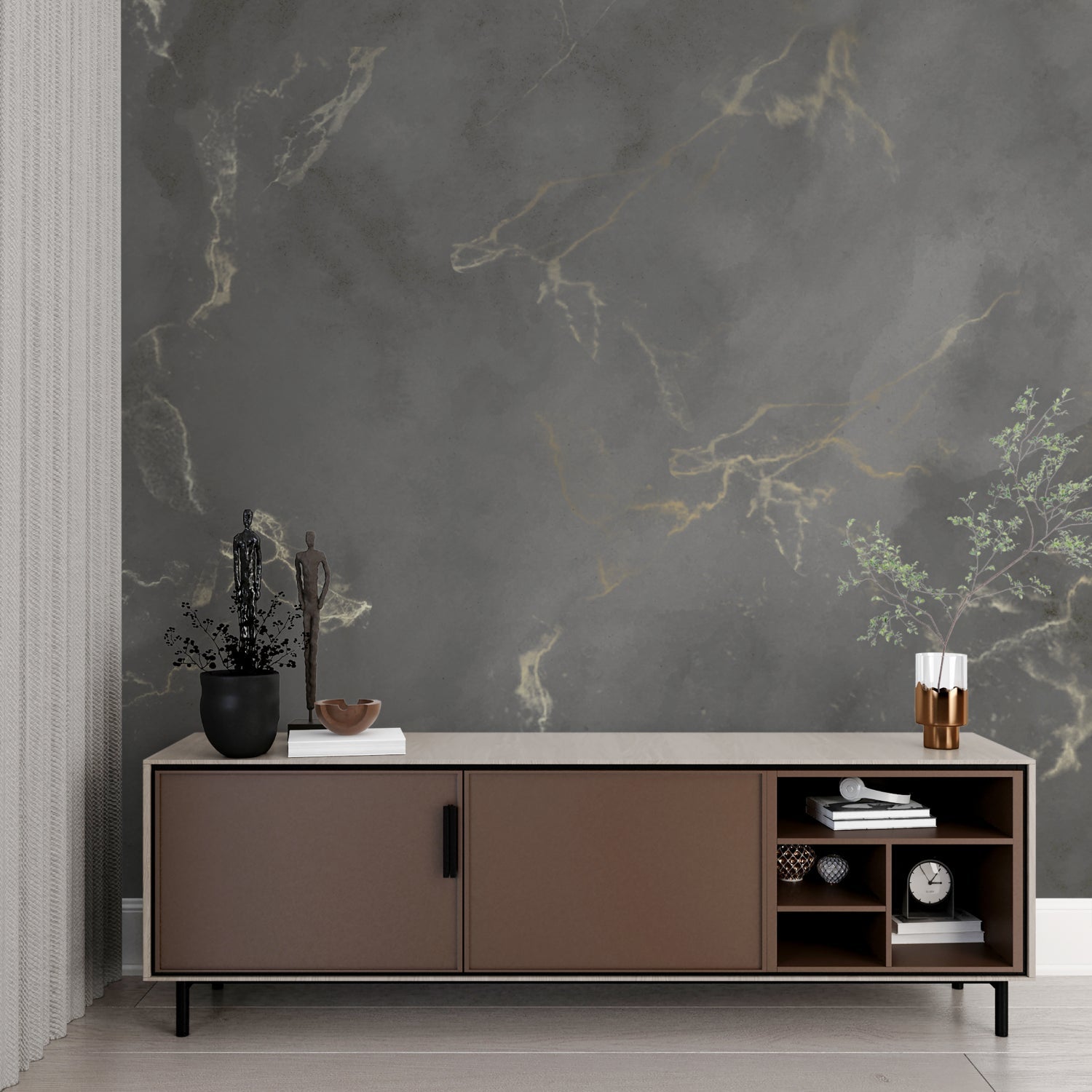 Grey and gold marble wallpaper in modern living room with minimalist furniture