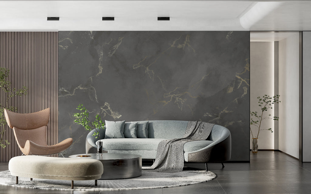Luxury marble wall mural in master bedroom with gold accents