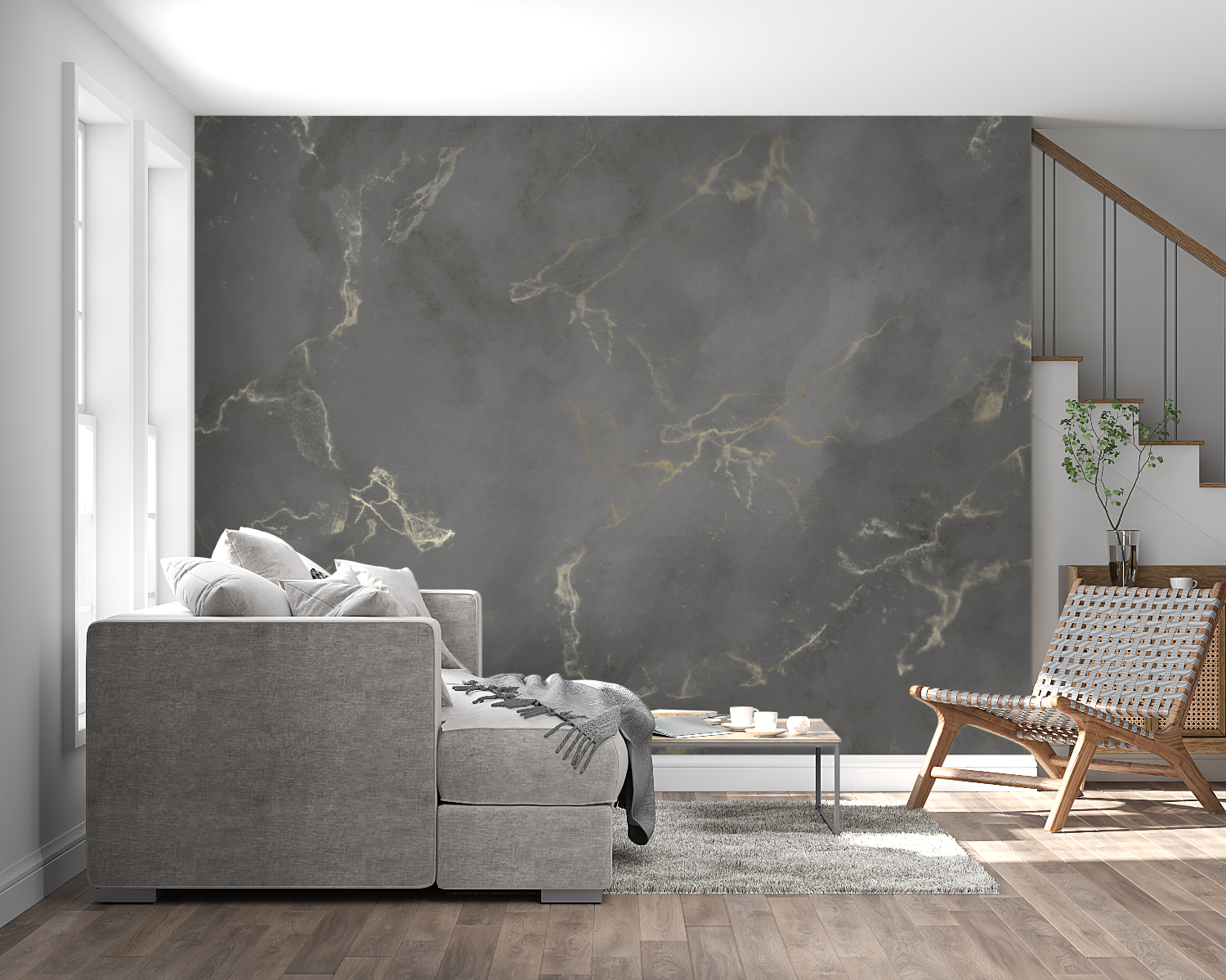 Grey marble wallpaper creating elegant backdrop in home office