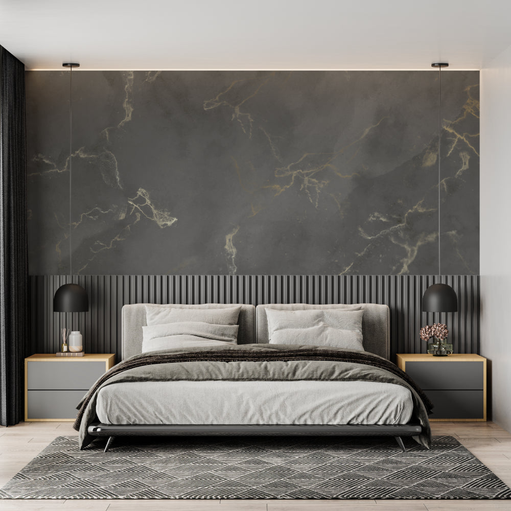 Marble effect wallpaper in contemporary bathroom setting