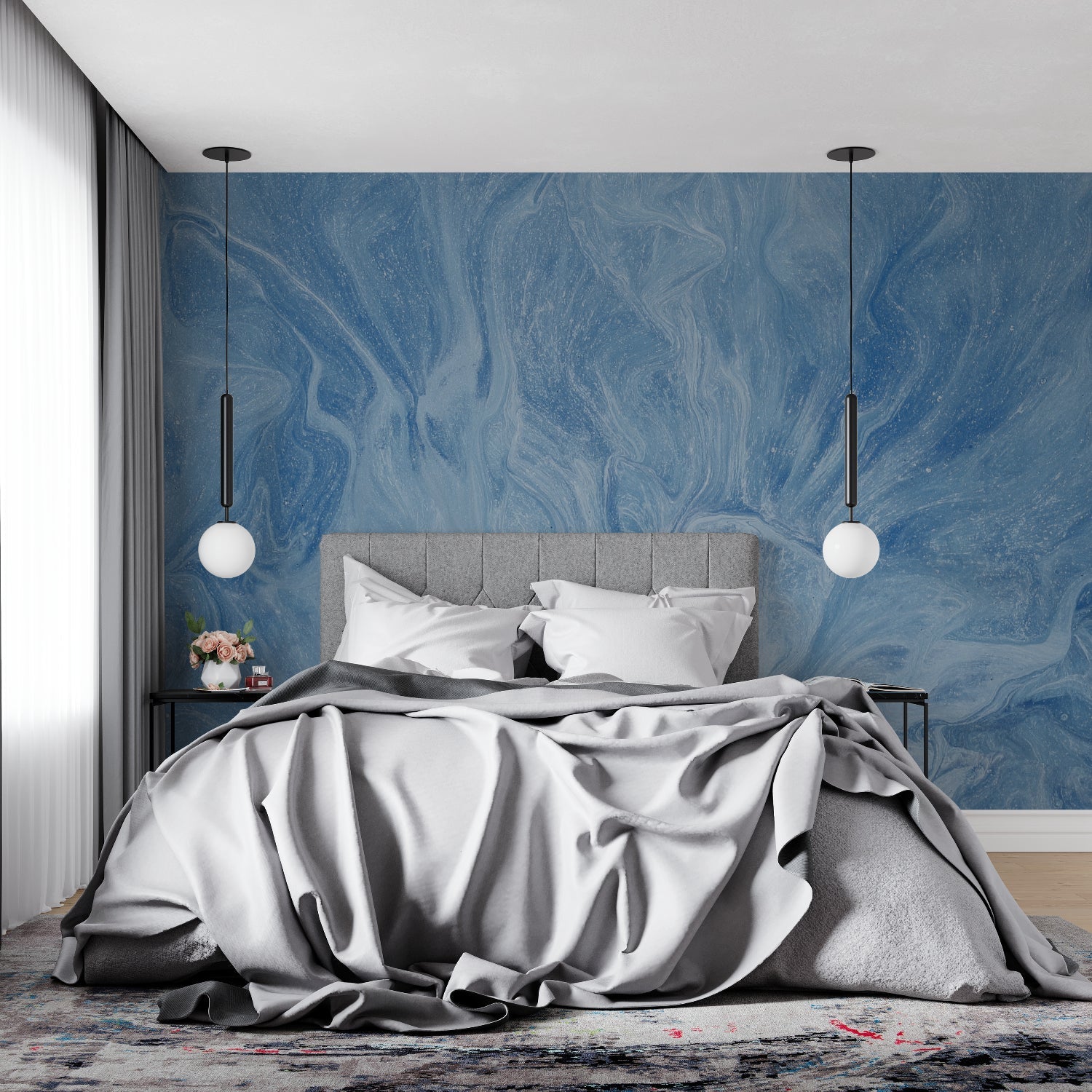 Marble wave wallpaper bringing movement to minimalist bathroom design