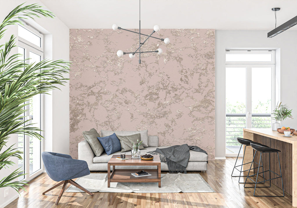 Makeup room with pink and gold marble wallpaper creating elegant backdrop