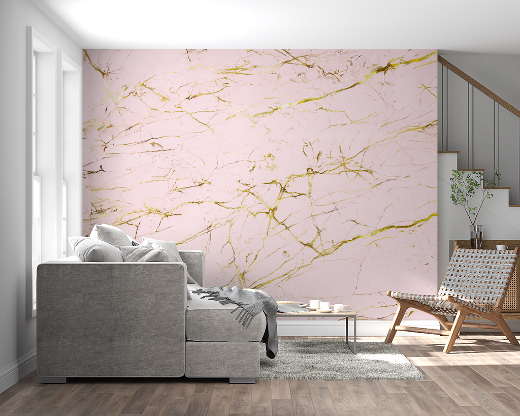 Pink and gold marble wallpaper in modern living room with natural light highlighting the metallic accents