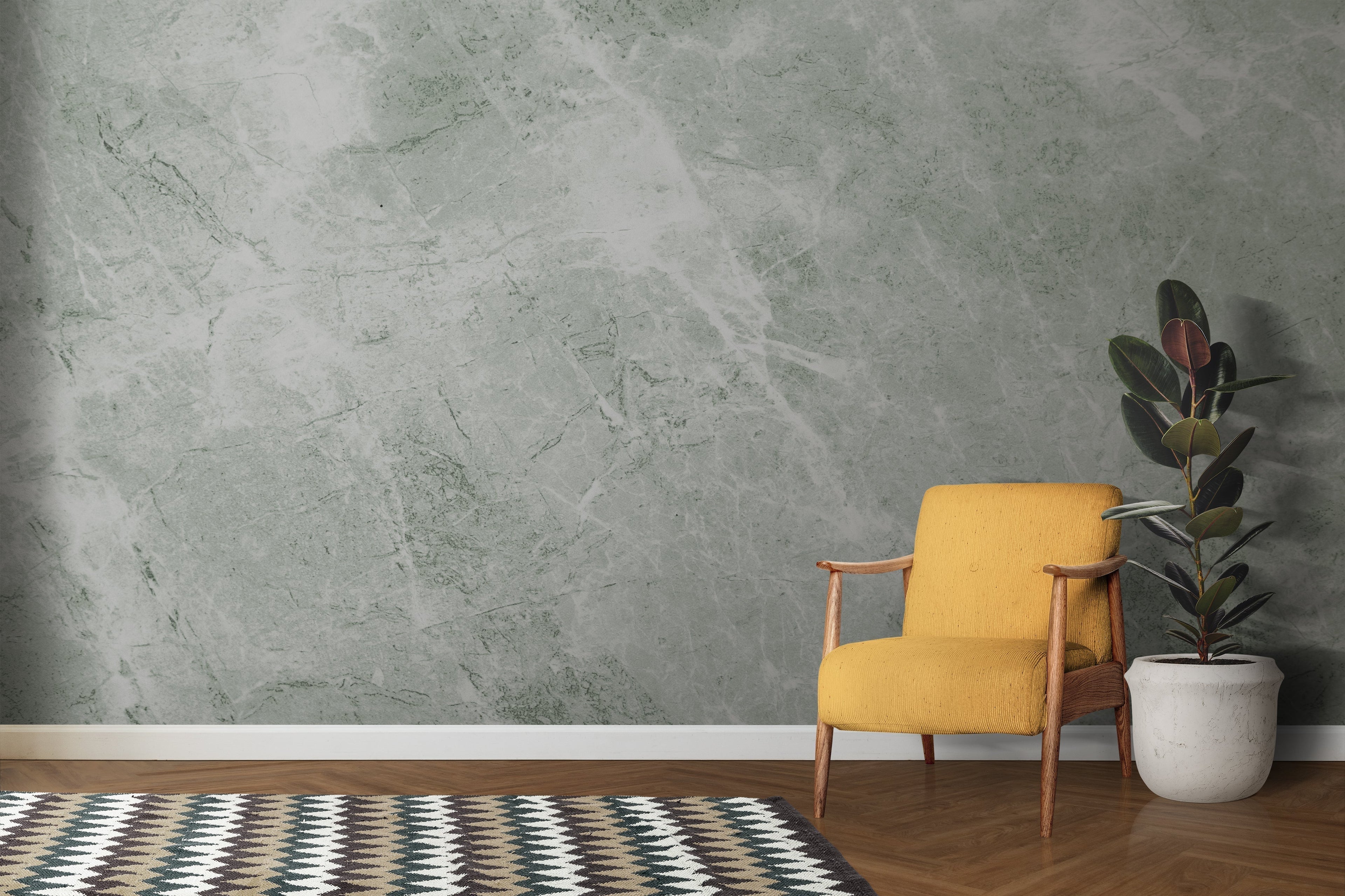Sage green marble wall mural in elegant dining room setting