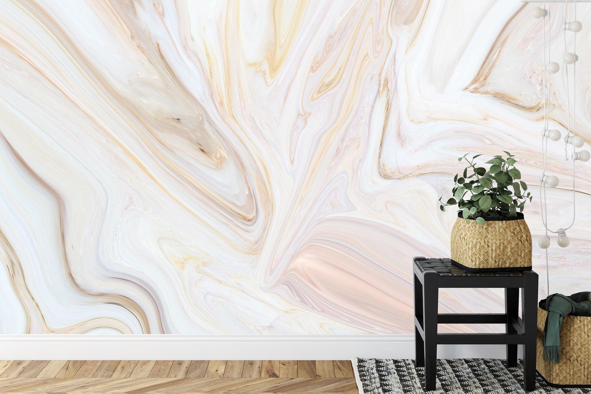 Abstract marble wall mural bringing warmth to a bedroom with gold accents