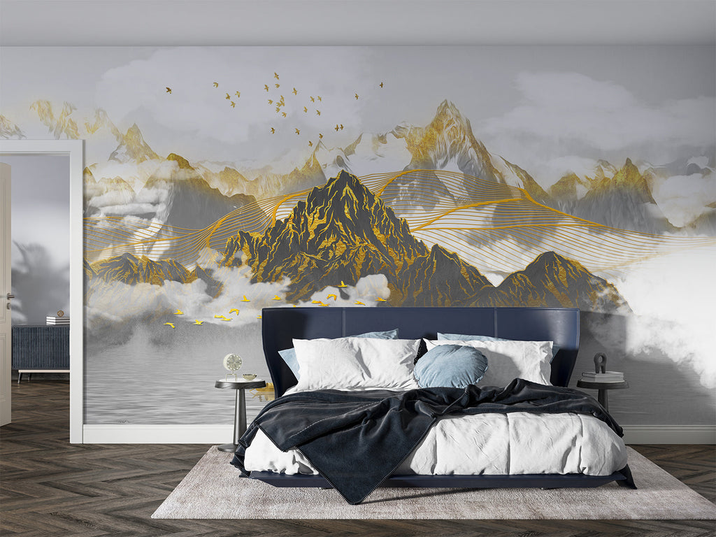 Marble effect wallpaper in modern living room showing terracotta and gold tones