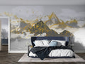 Marble effect wallpaper in modern living room showing terracotta and gold tones