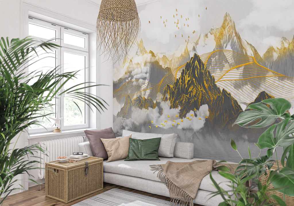 Luxury stone pattern mural in dining room with warm lighting