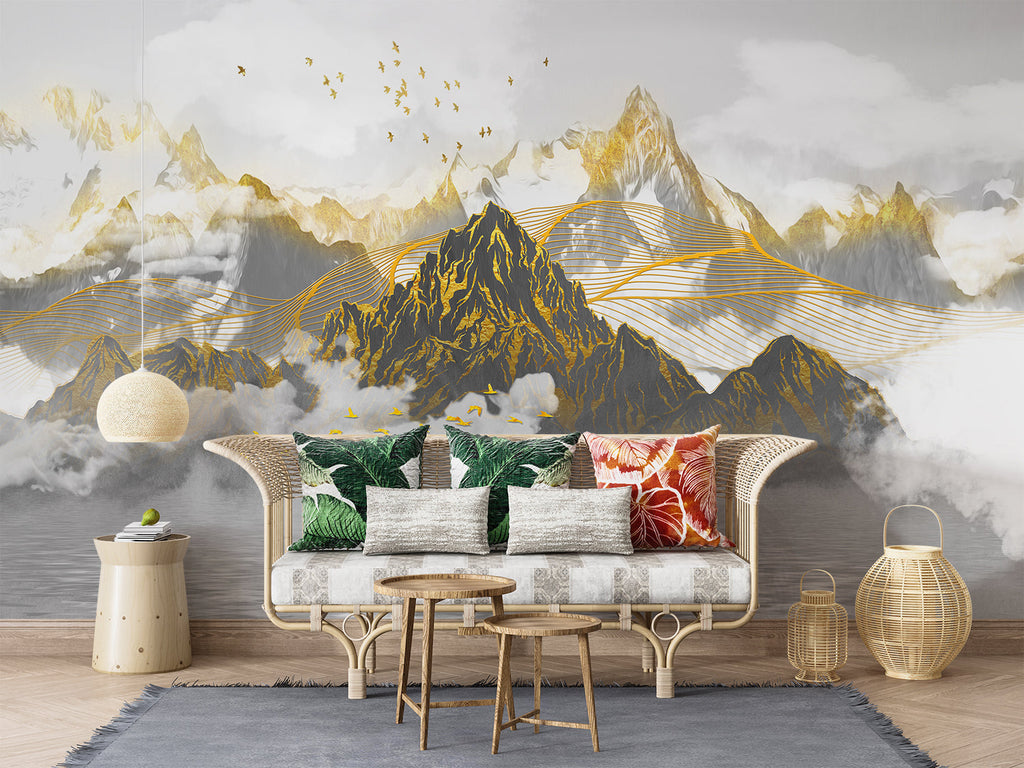 Master bedroom feature wall with marble effect wallpaper in terracotta