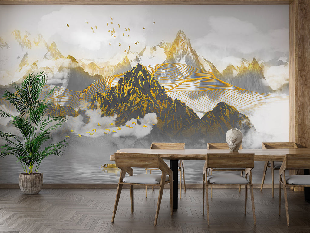 Home office marble wallpaper installation showing golden veining