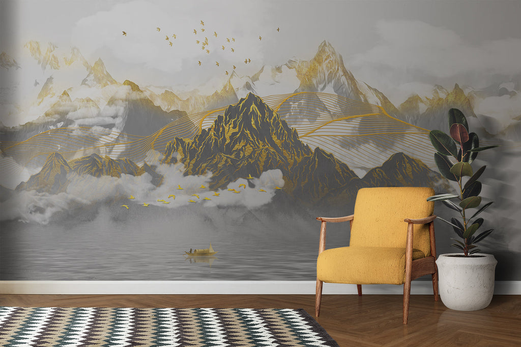 Entryway with stone pattern wall mural in warm earth tones