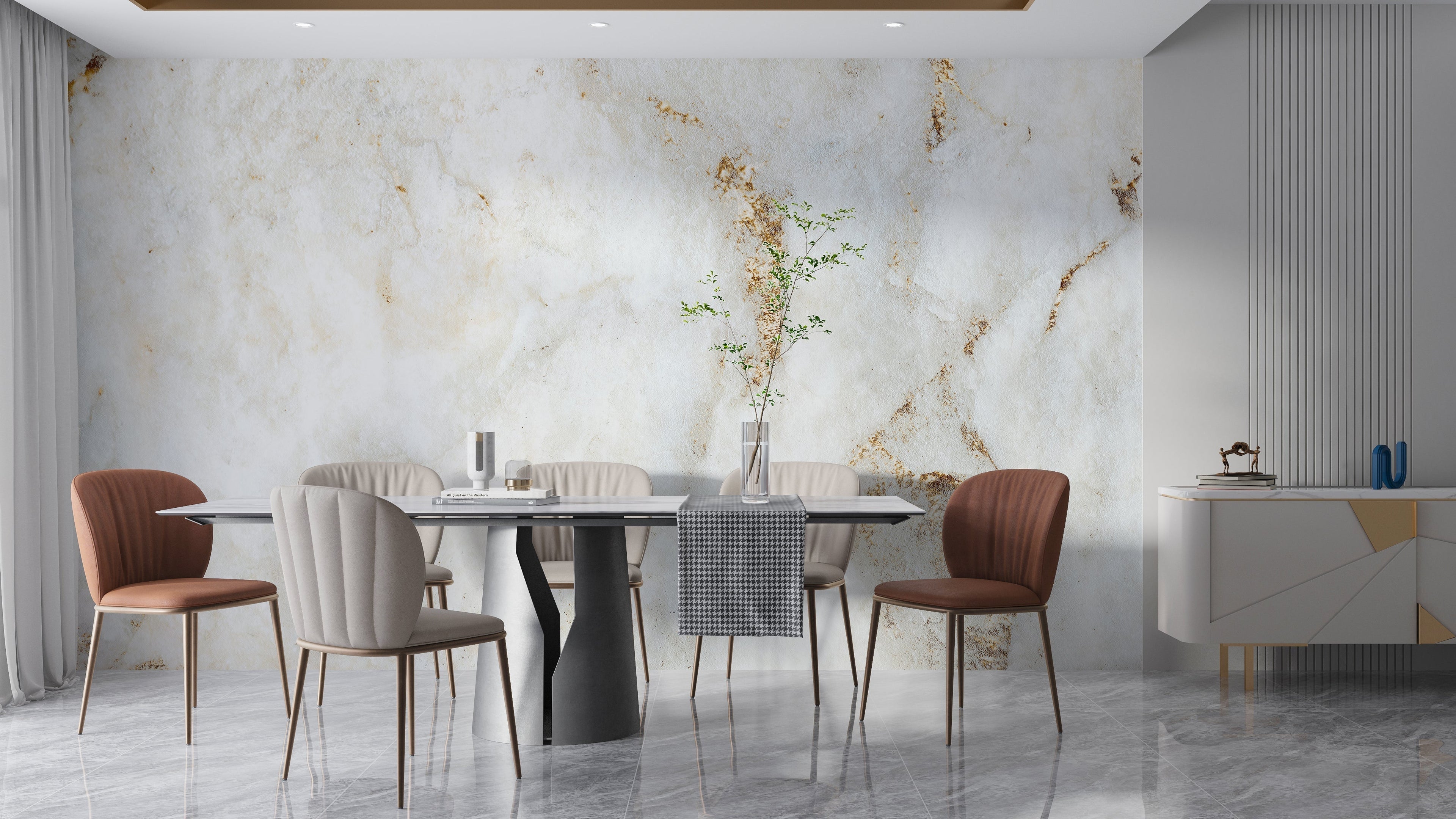 Elegant dining room featuring marble effect wall mural with gold accents