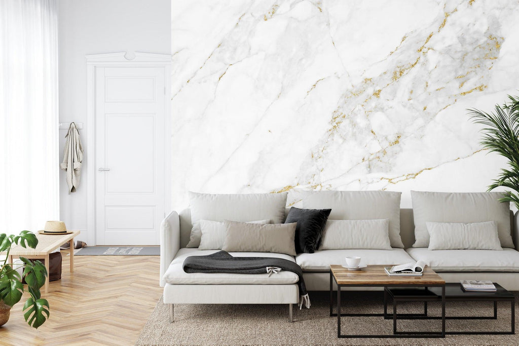Elegant marble wall mural with gold veins in master bedroom setting