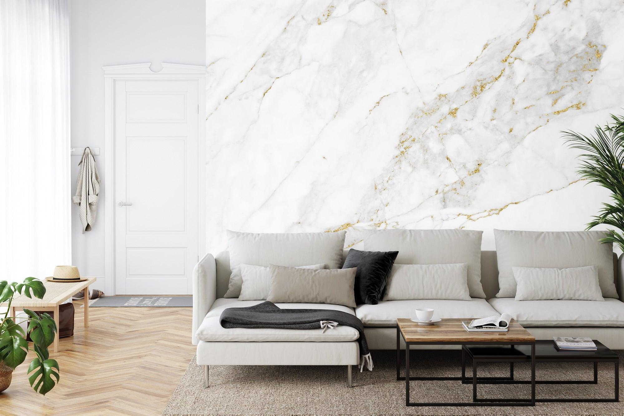 Elegant marble wall mural with gold veins in master bedroom setting