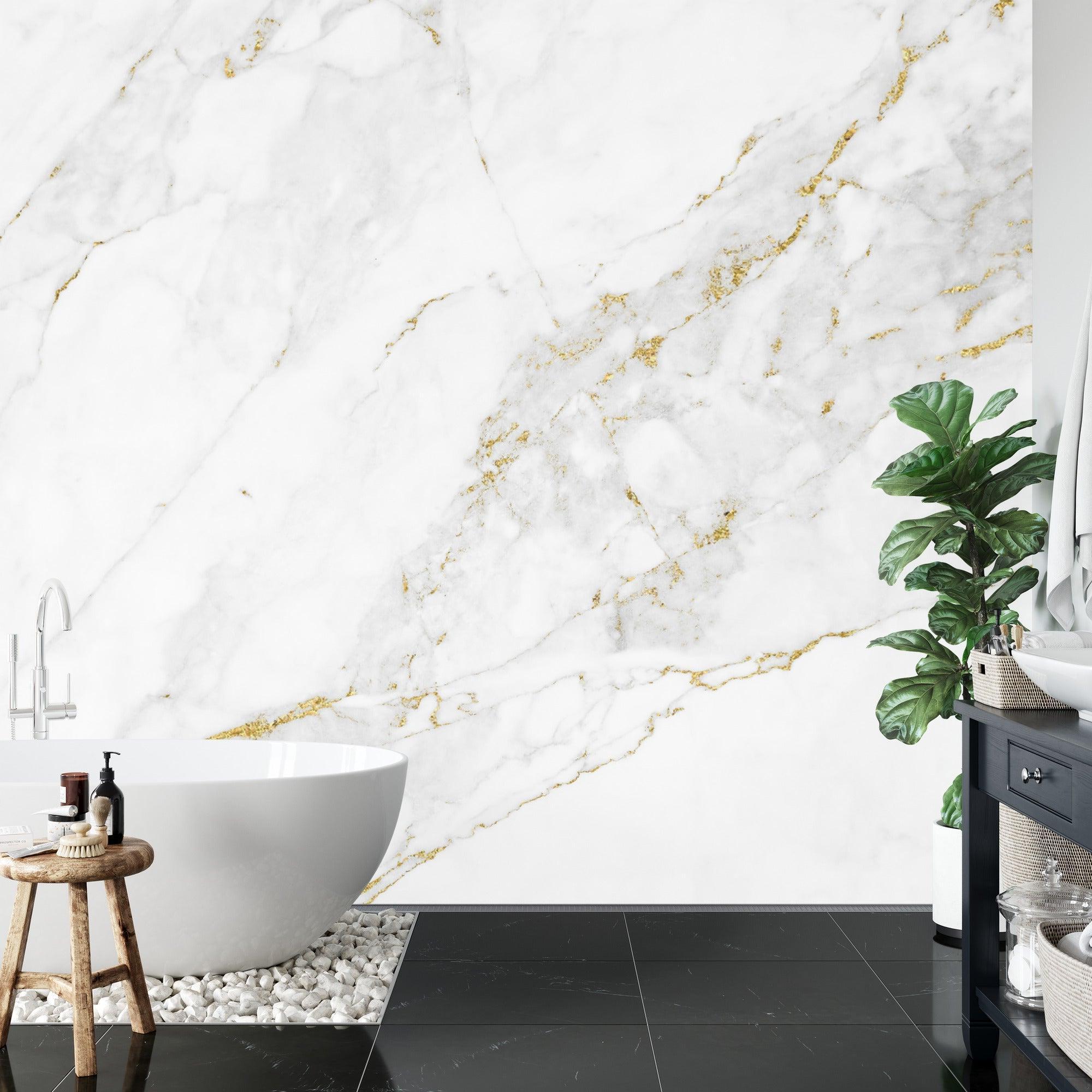 White marble wallpaper with gold accents in minimalist dining room