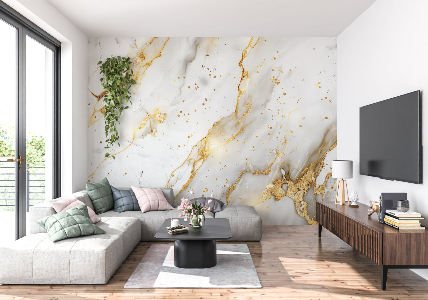 Gold marble wallpaper feature wall in minimalist dining room setting