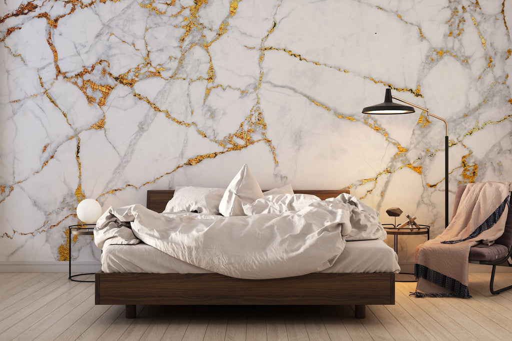 White marble wallpaper with gold veins in home office setting