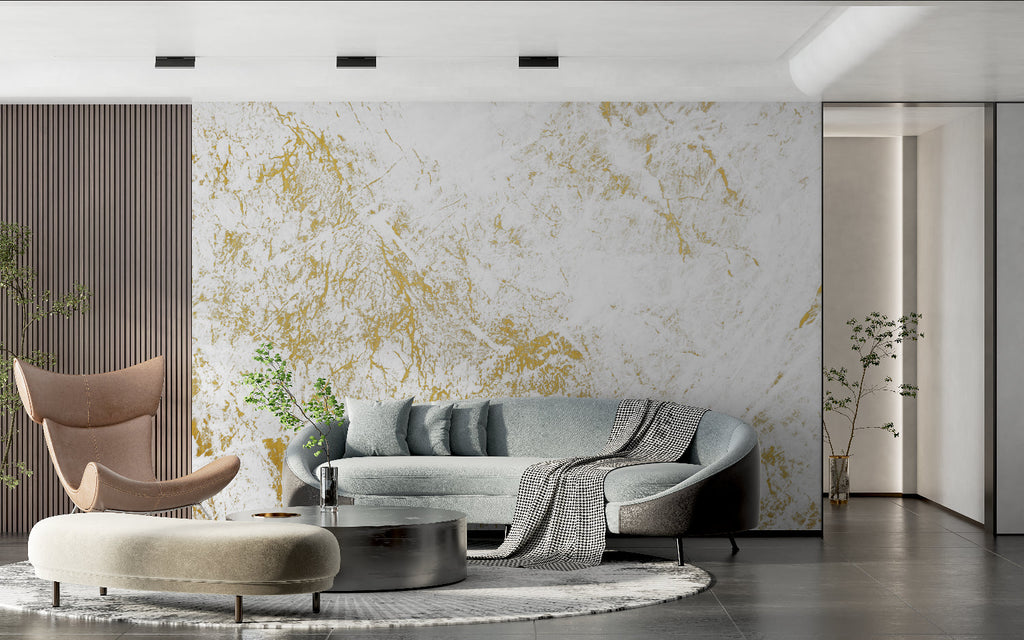 White and gold marble wallpaper in modern living room with clean furniture arrangement