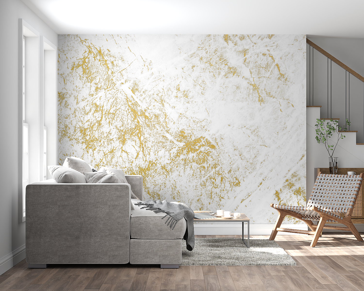 Master bedroom with white and gold marble wall mural creating elegant atmosphere
