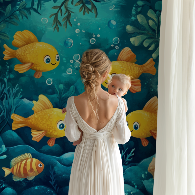 Fish mural wallpaper making a statement in a child's study area with bright sea elements