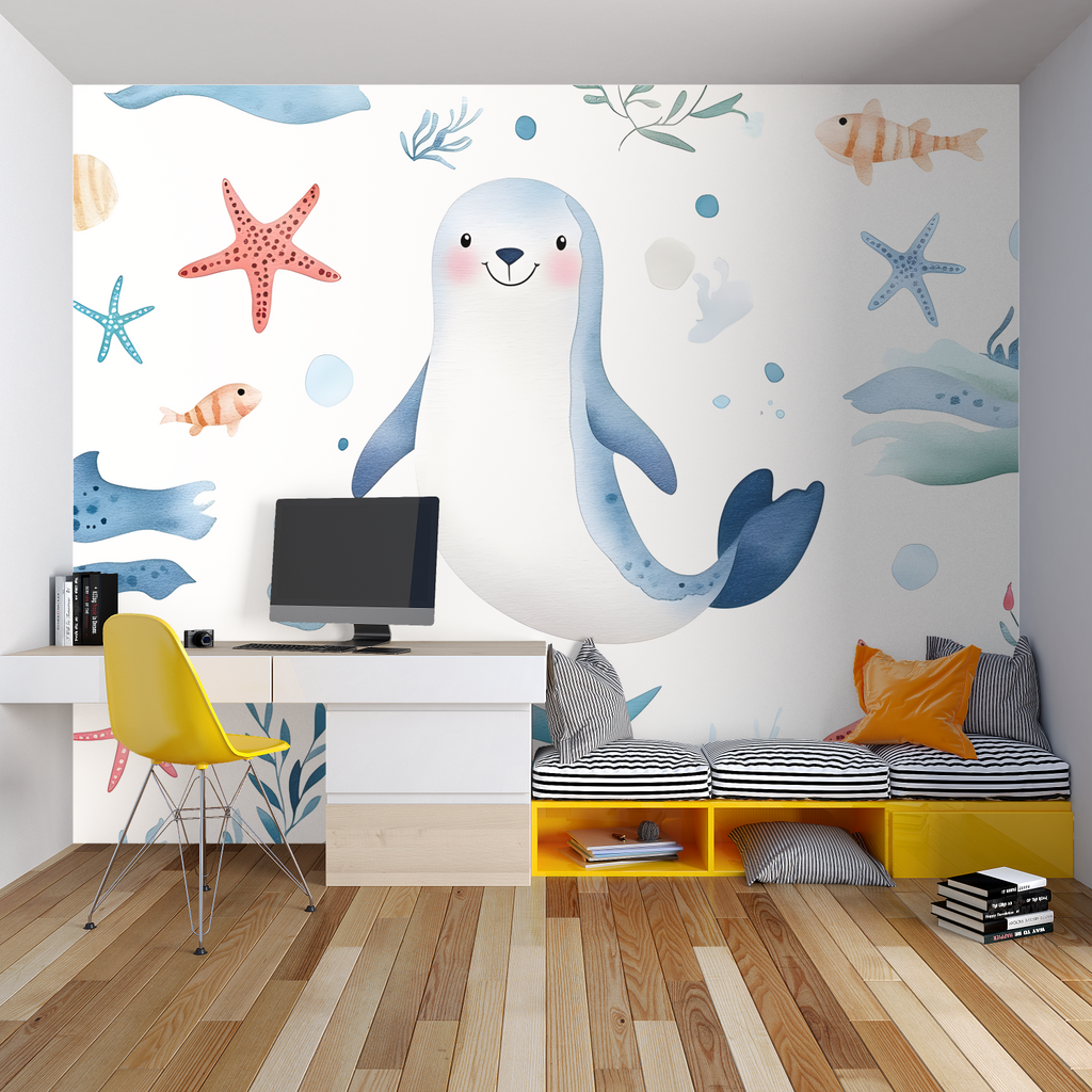 Ocean themed kids bedroom featuring seal and starfish wallpaper with reading nook