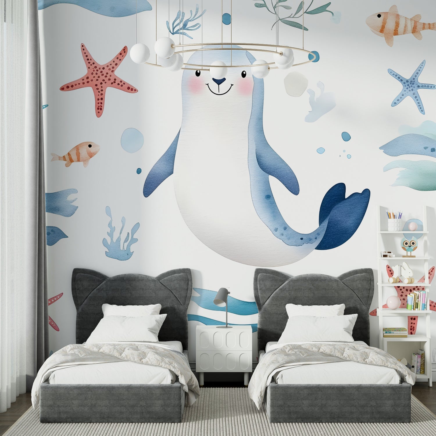Ocean animals mural in daycare showing full wall installation with natural lighting