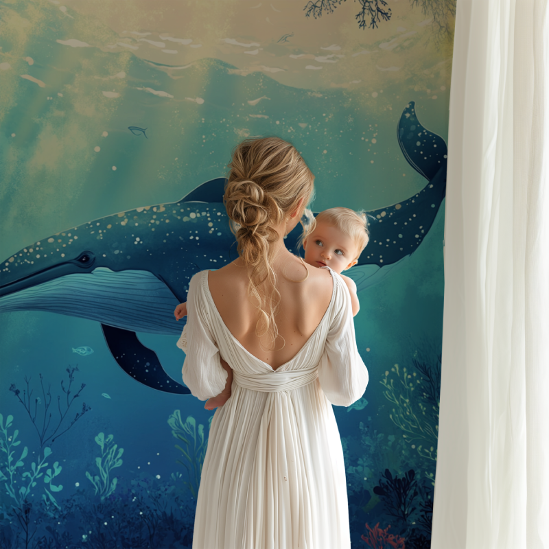 Whale wall mural creating a peaceful atmosphere in a children's bedroom