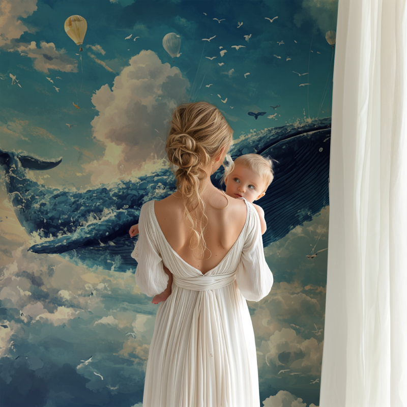Ocean theme wallpaper bringing calm to a modern kids bedroom with minimalist decor