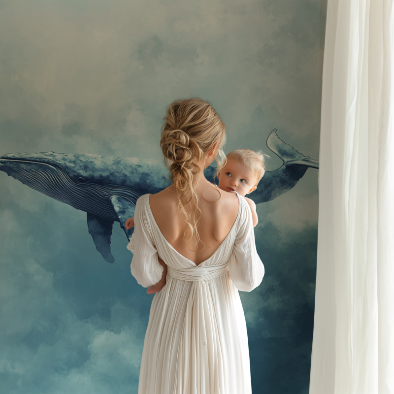 Marine animal wallpaper showcased in playroom with natural lighting