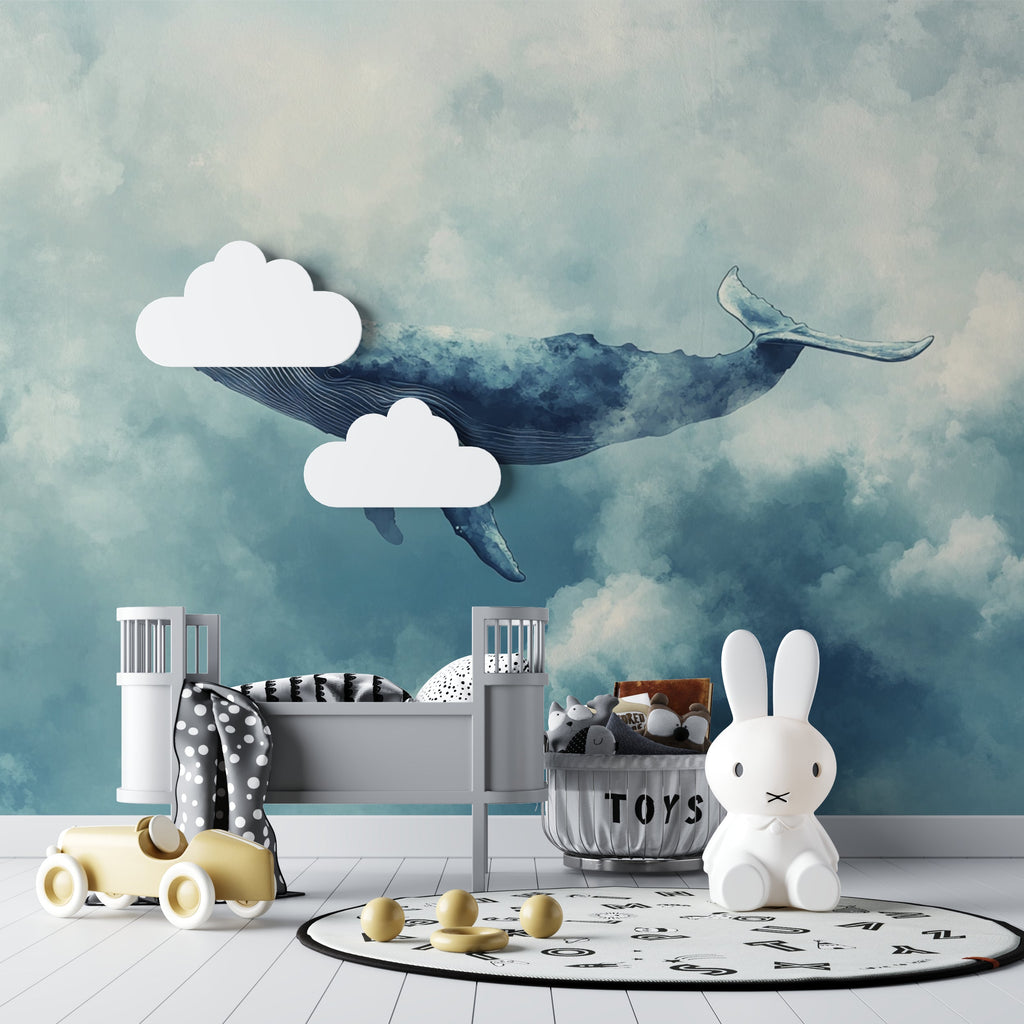 Whale mural wallpaper bringing serene feel to reading nook